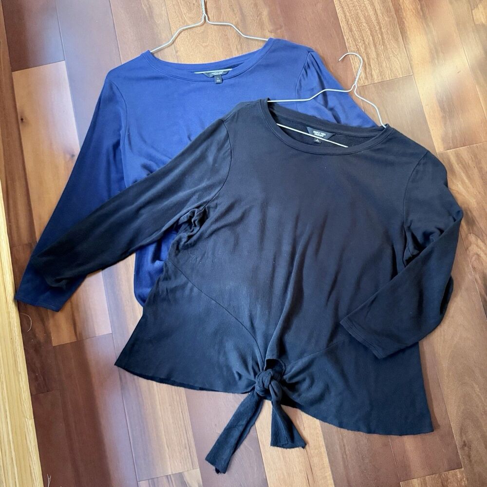 Lot of 2 Simply Vera Wang Women's L Soft Knit Tops Tie Front Black & Blue Yoga